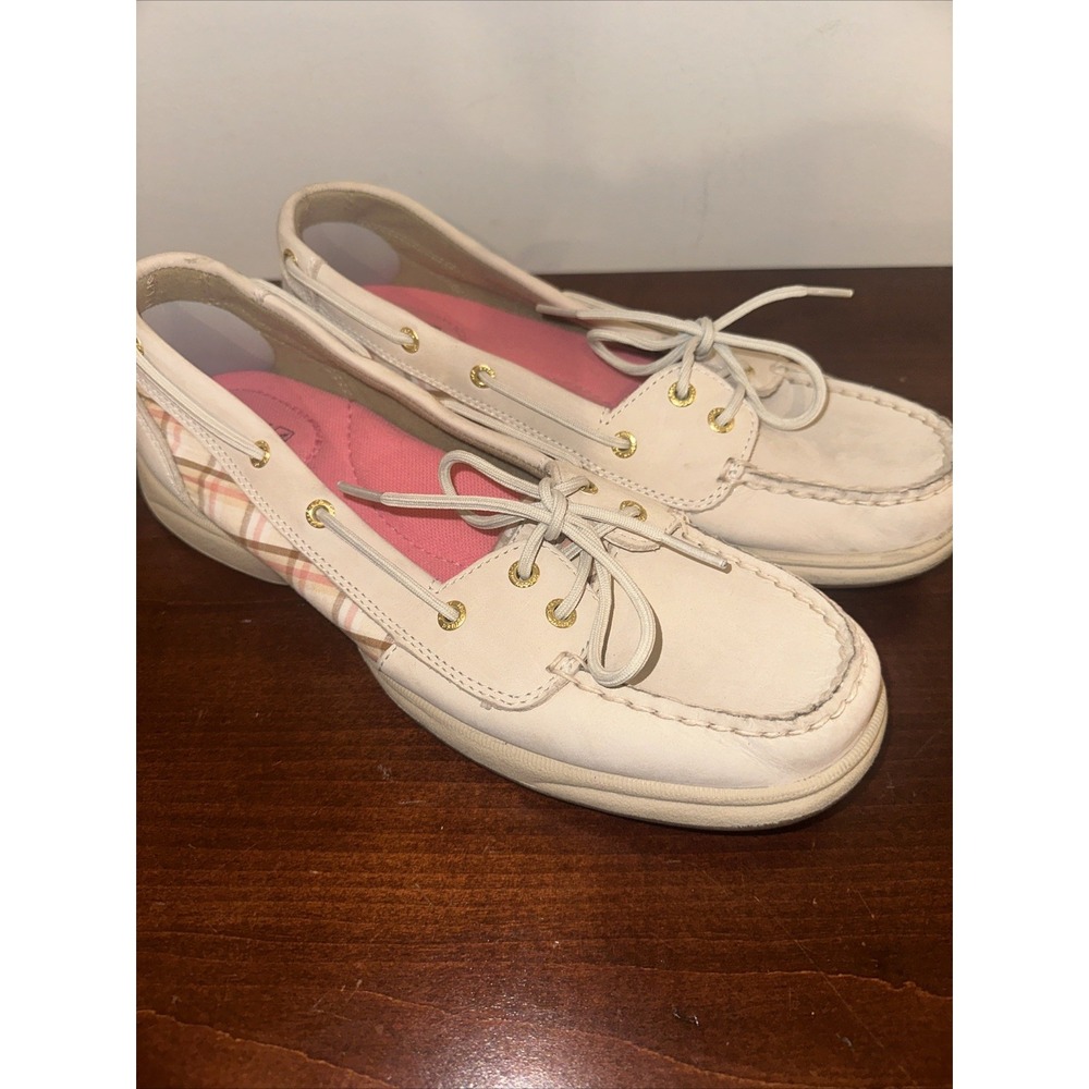 Sperry Topsider Angelfish‎ Boat Shoes Women's 10M Pink Plaid Sequins Tan Leather